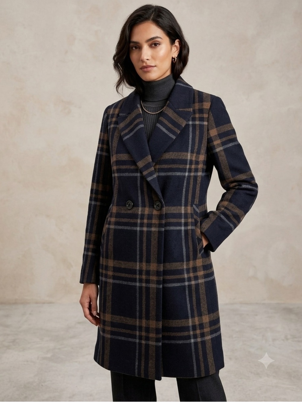 DKNY Navy and Brown Plaid Double-Breasted Pea Coat